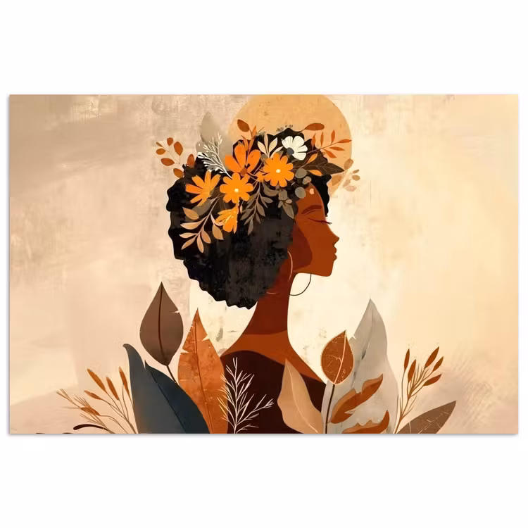 Poster – Vrouw - Krullen - Bloemen - Beige — 1