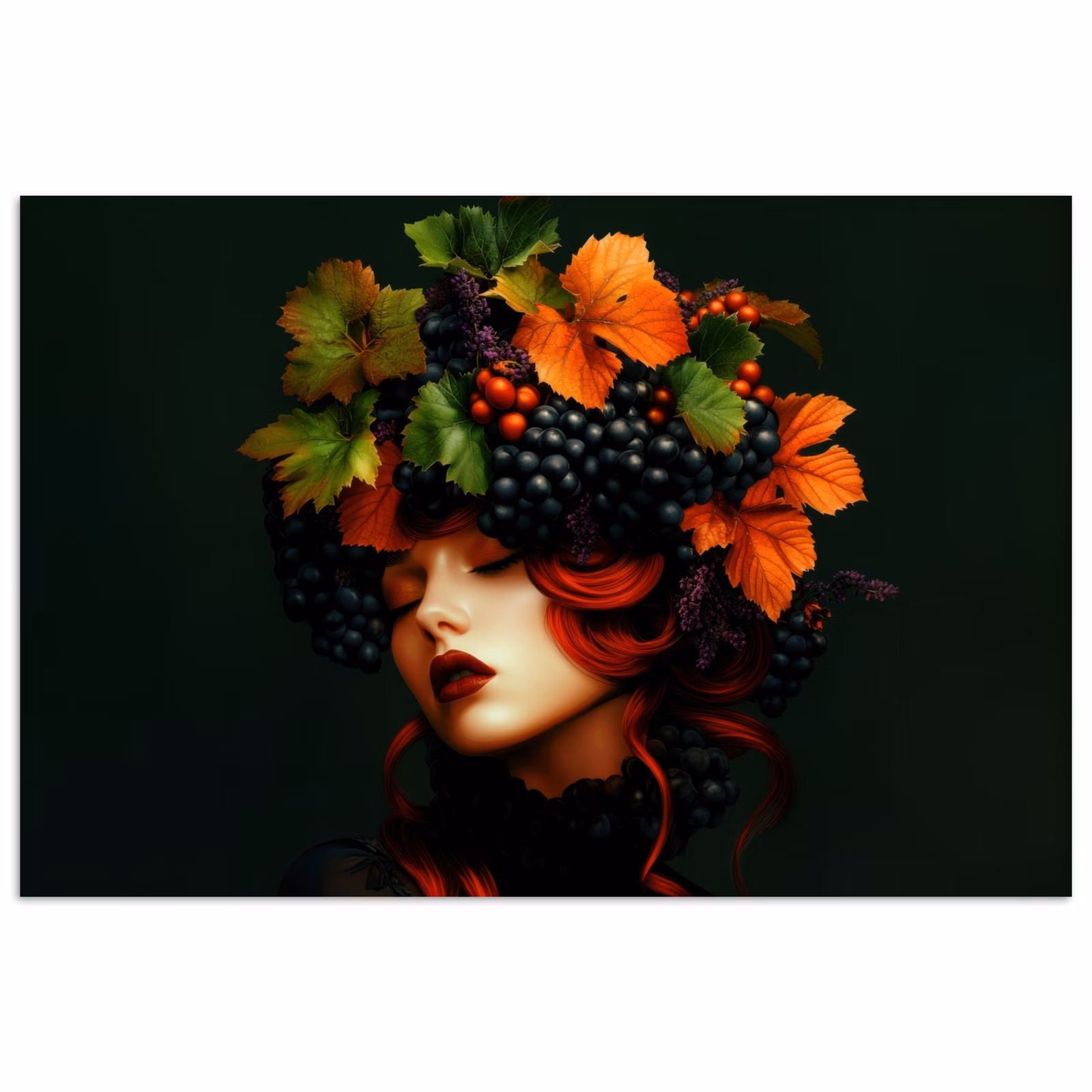 Poster – Vrouw met Druiven en Herfstbladeren — 1