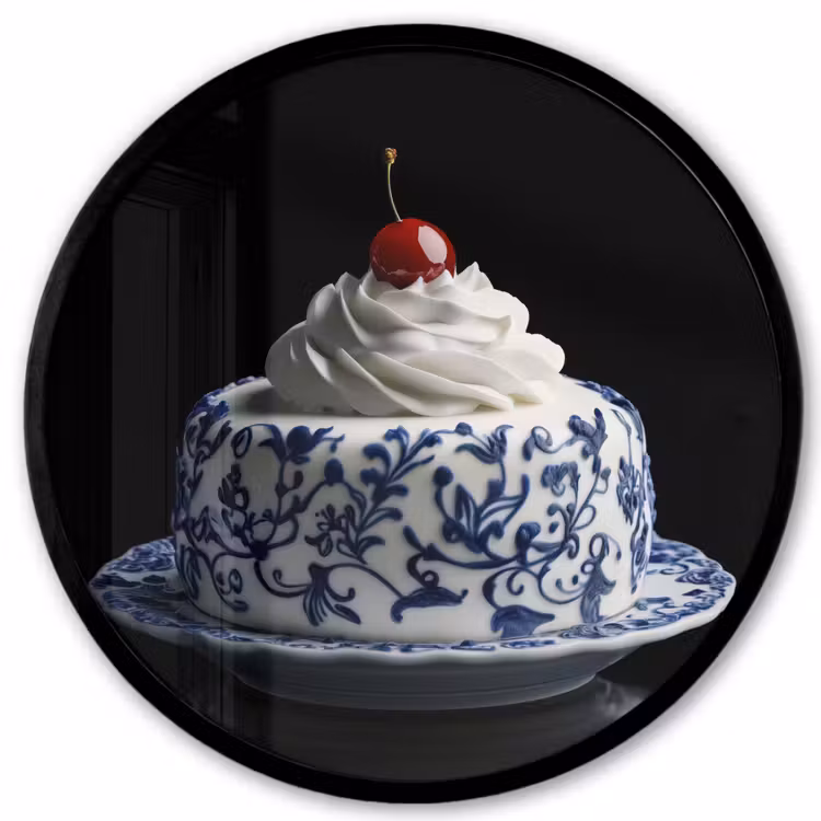 Ronde fotolijst - Taart - Slagroom - Kers - Bord - Delfts blauw
