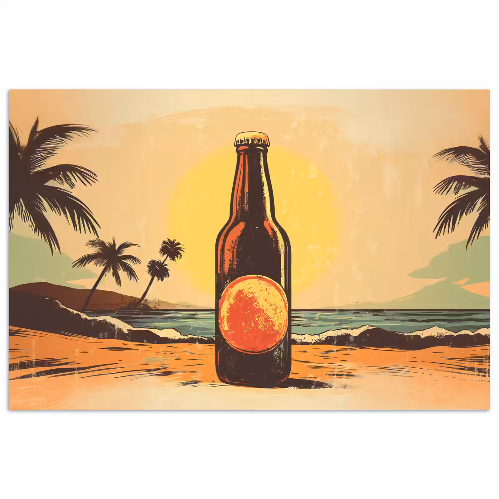 Poster – Bierfles - Zonsondergang - Palmbomen - Zee — 1