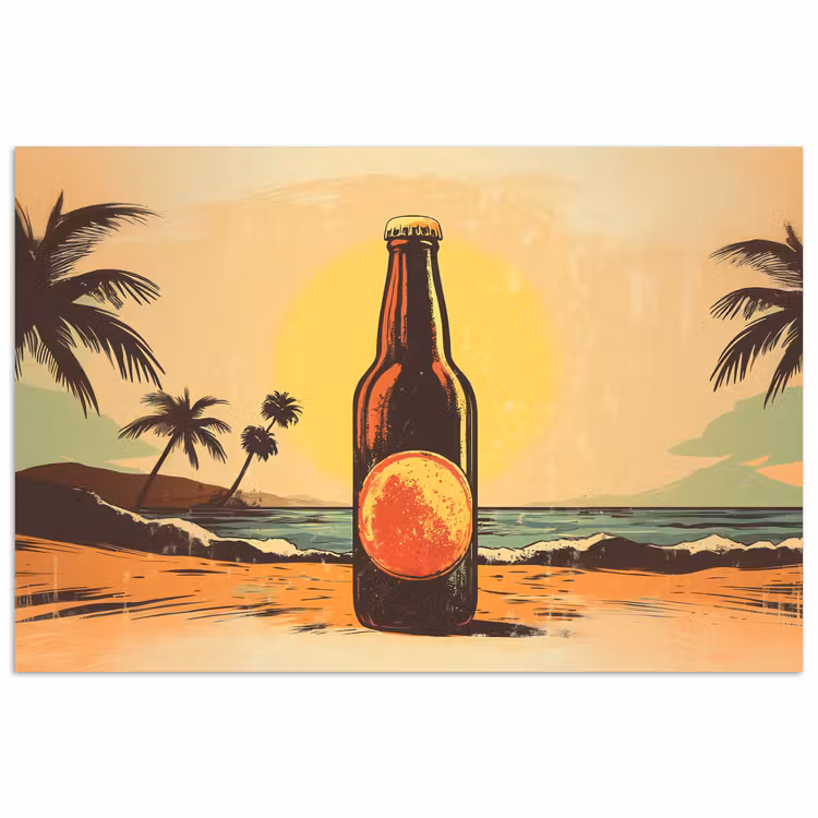 Poster – Bierfles - Zonsondergang - Palmbomen - Zee — 1