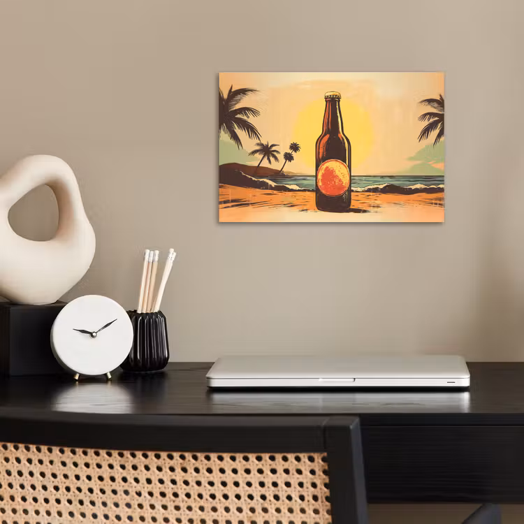 Poster – Bierfles - Zonsondergang - Palmbomen - Zee — 2