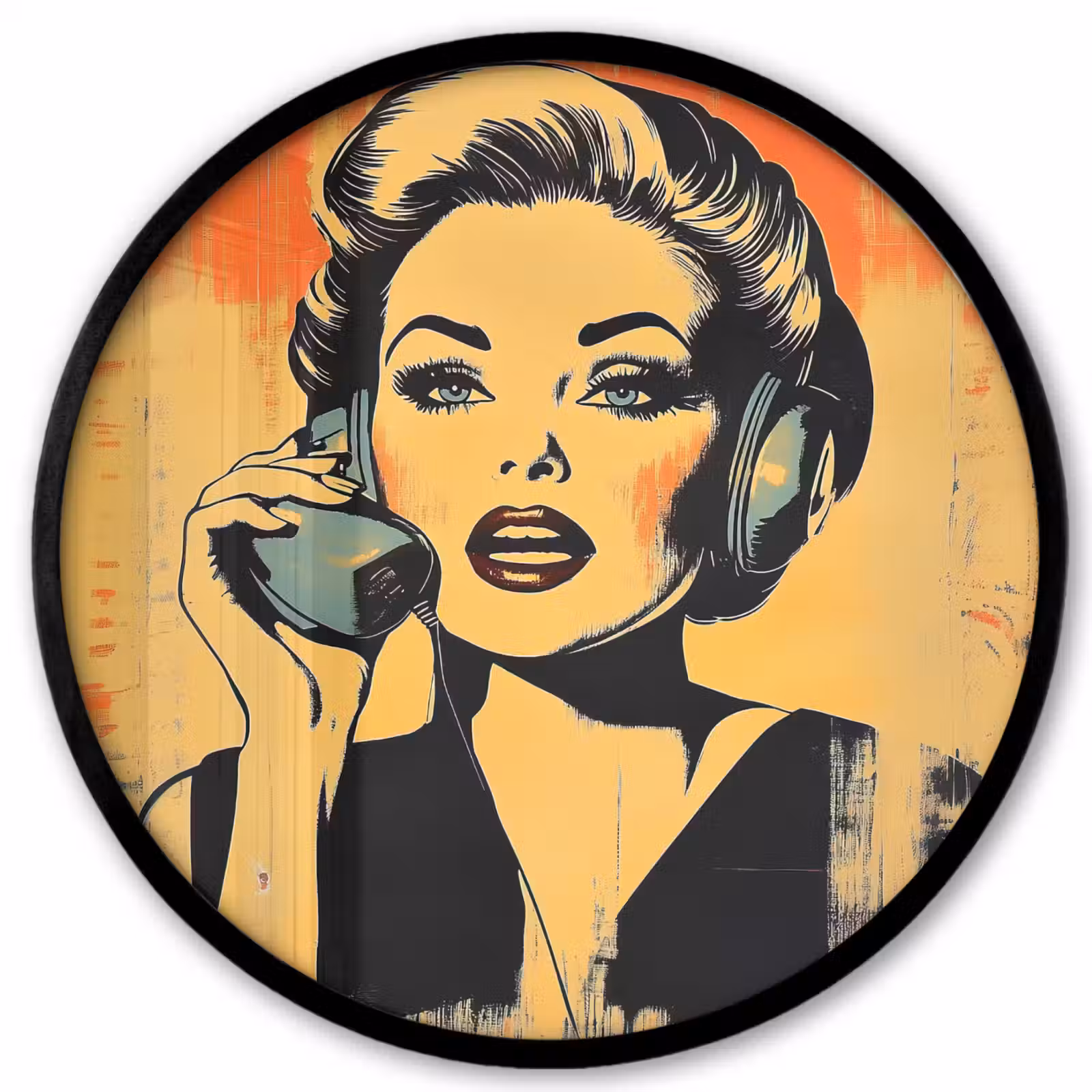Ronde fotolijst - Retro - Vrouw - Koptelefoon - Oranje — 1