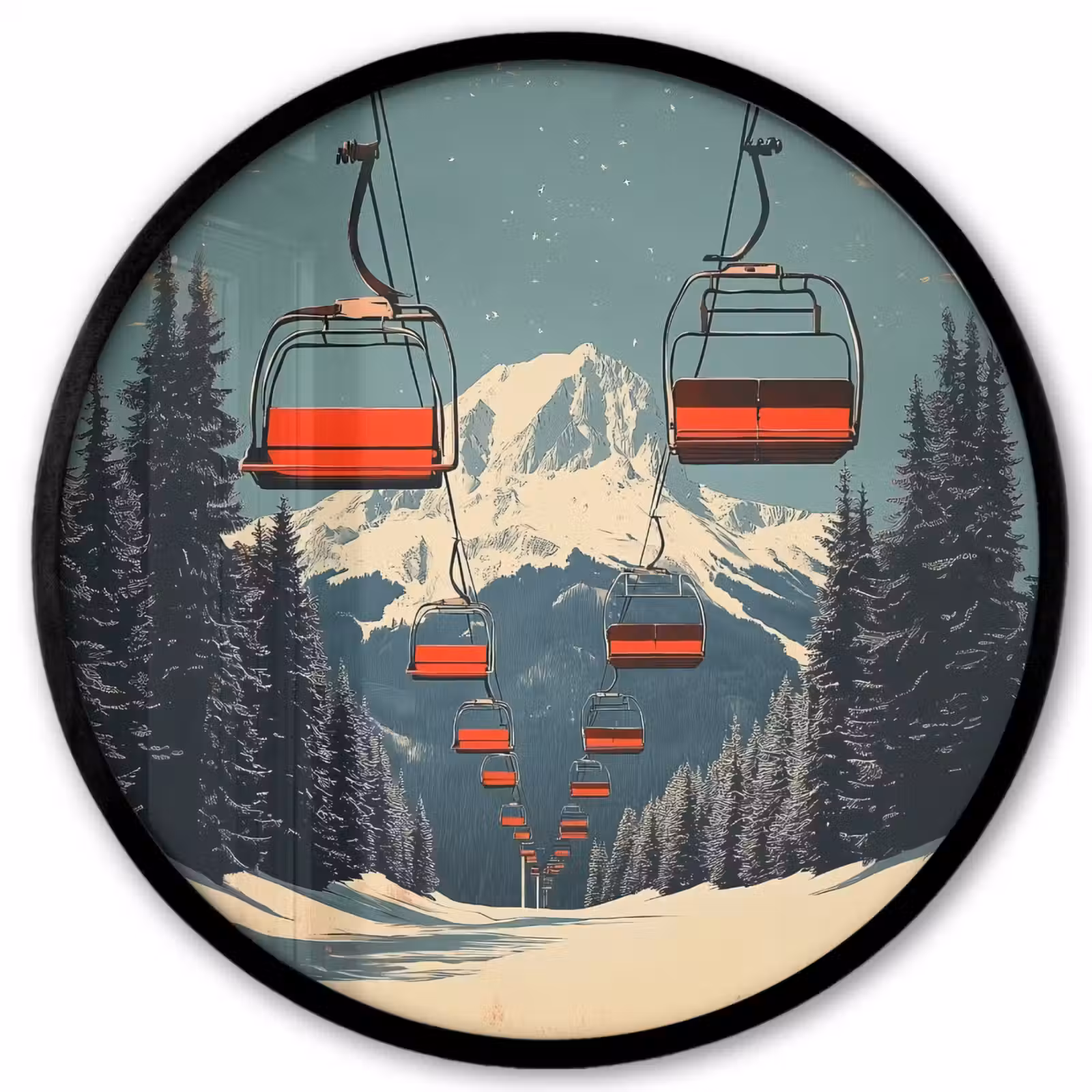 Ronde fotolijst - Sneeuw - Skilift - Rood - Bomen — 1