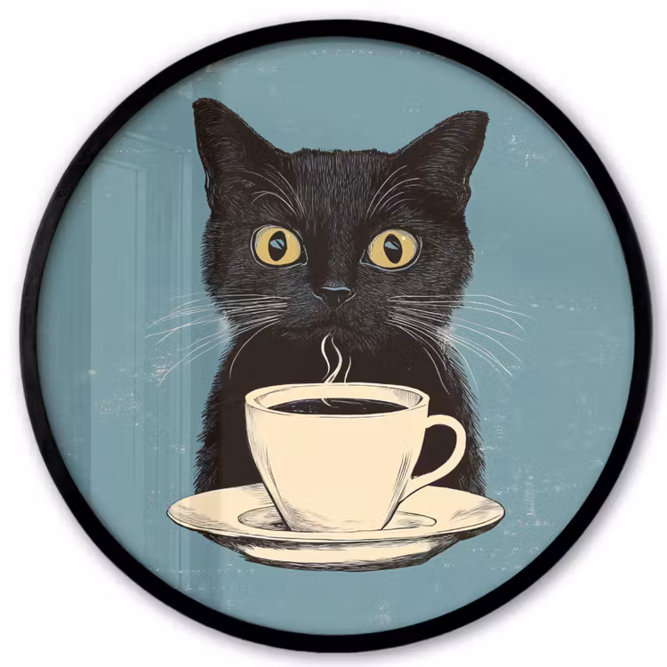 Ronde fotolijst - Kat - Zwart - Koffie - Minimalistisch — 1