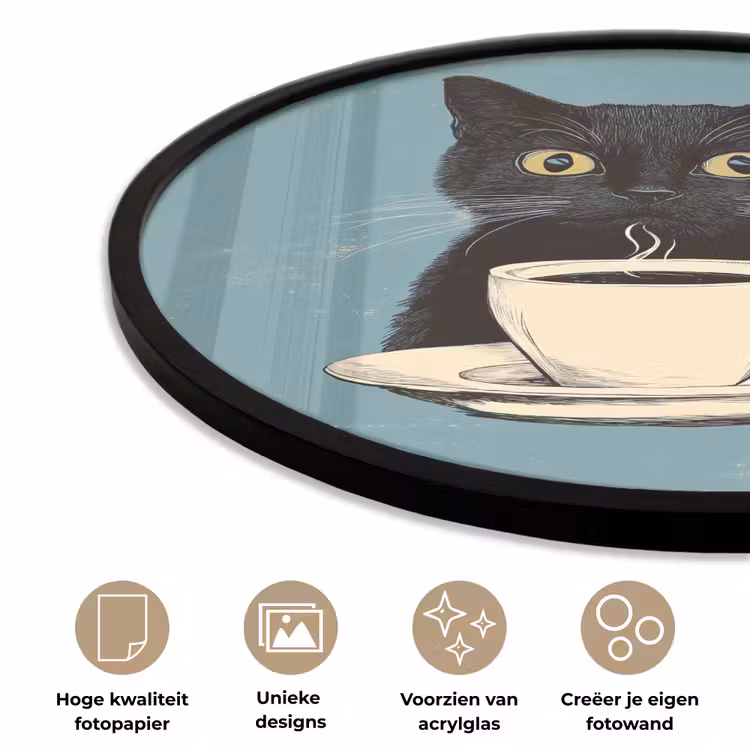 Ronde fotolijst - Kat - Zwart - Koffie - Minimalistisch — 2