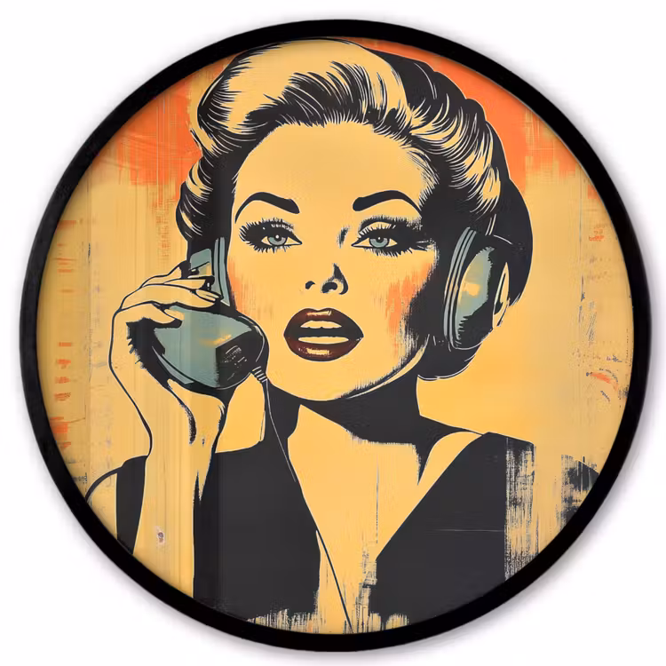Ronde fotolijst - Retro - Vrouw - Koptelefoon - Oranje — 1