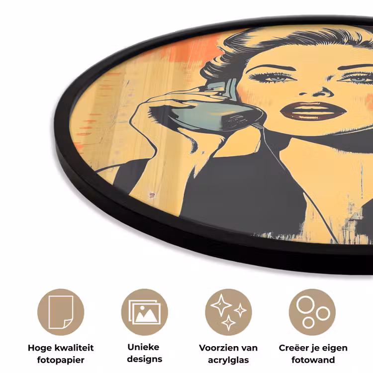 Ronde fotolijst - Retro - Vrouw - Koptelefoon - Oranje — 2