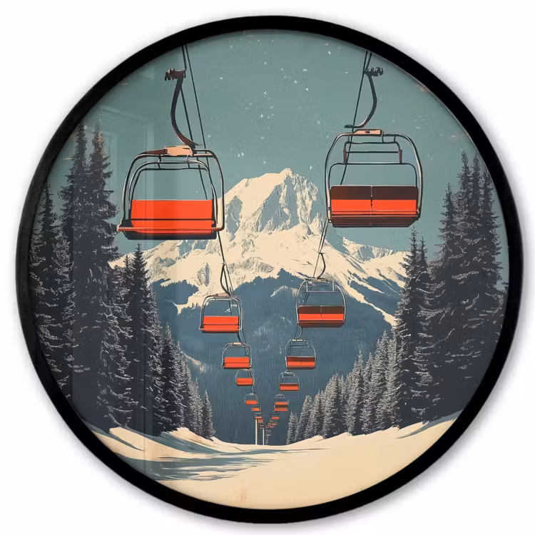 Ronde fotolijst - Sneeuw - Skilift - Rood - Bomen — 1