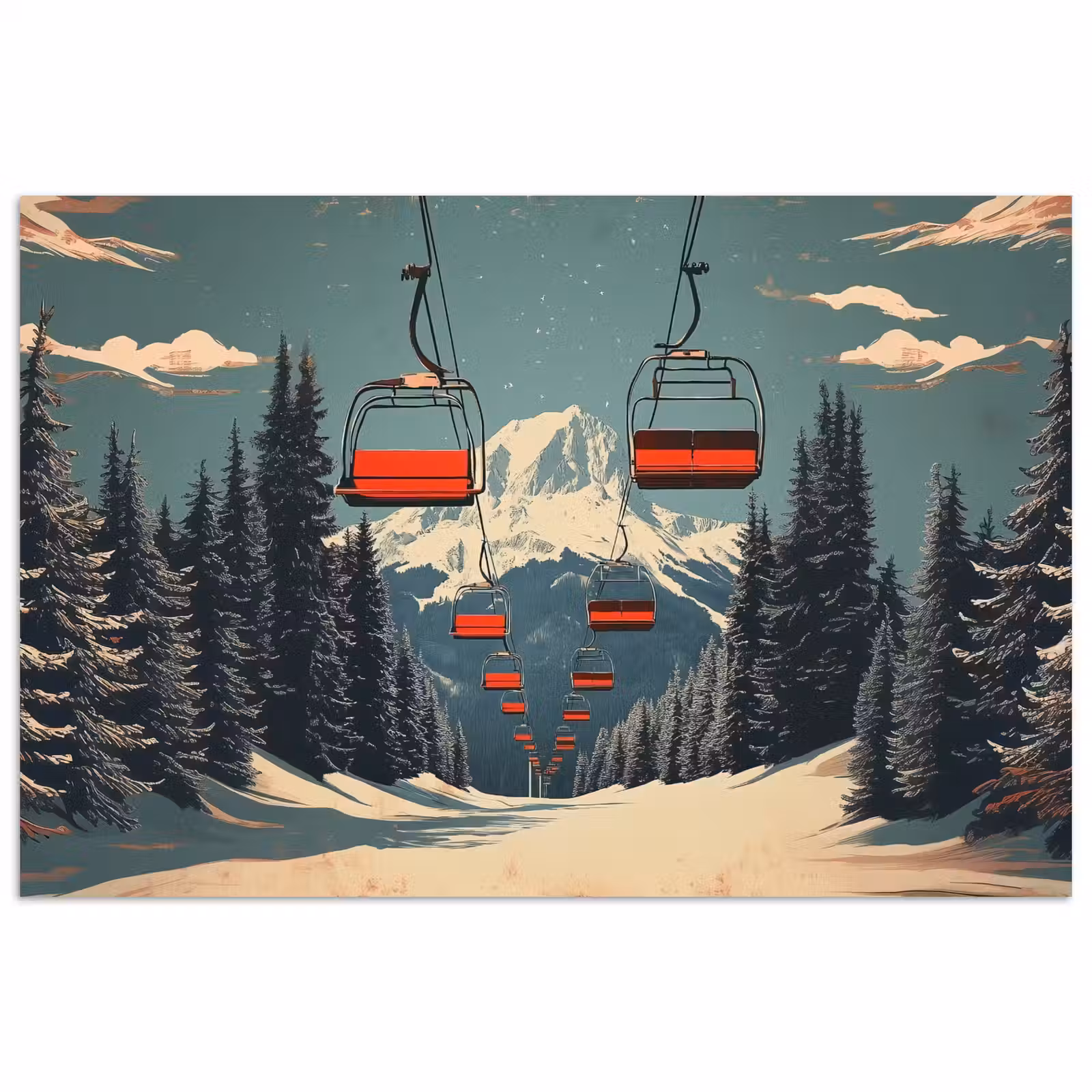 Poster – Sneeuw - Skilift - Rood - Bomen — 1