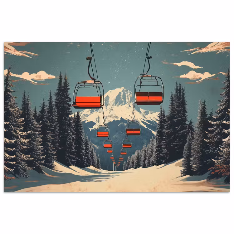 Poster – Sneeuw - Skilift - Rood - Bomen — 1