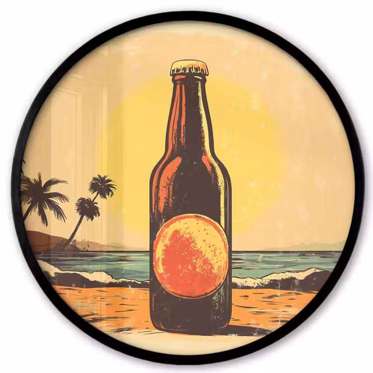 Ronde fotolijst - Bierfles - Zonsondergang - Palmbomen - Zee — 1