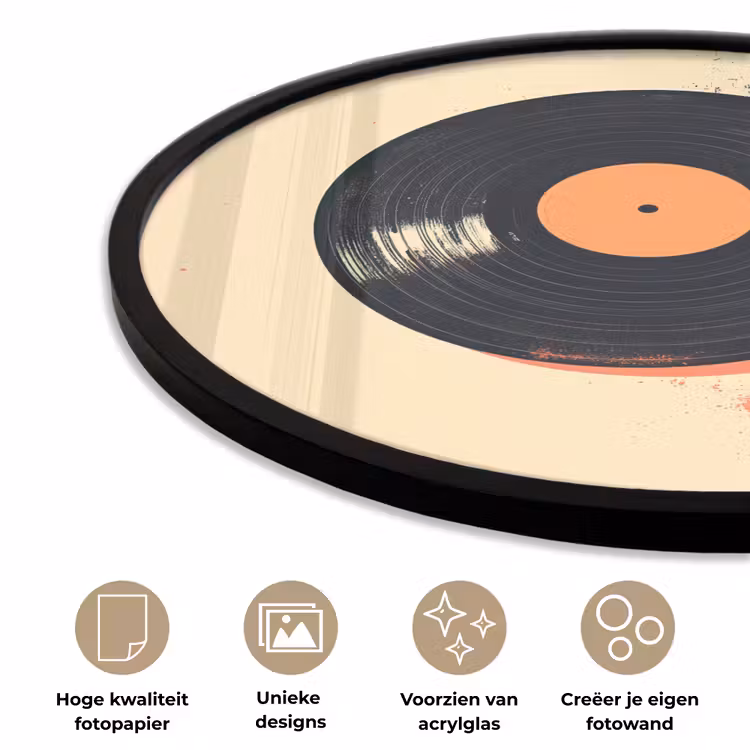 Ronde fotolijst - Vinylplaat - Zwart - Verfspatten - Retro — 2