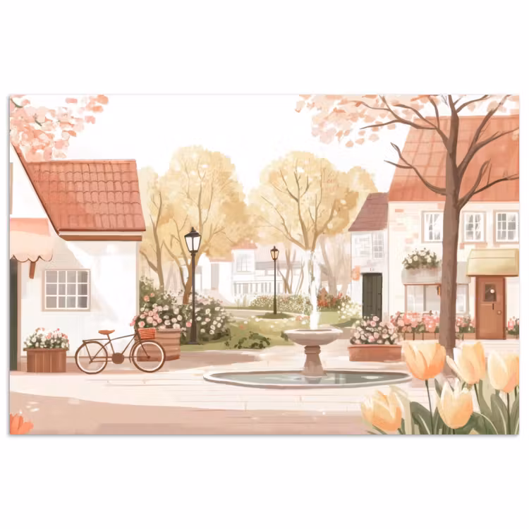 Poster – Dorpsplein - Fontein - Tulpen — 1