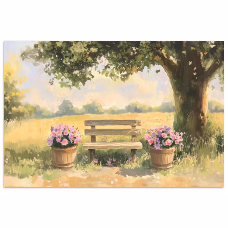 Poster – Houten bankje - Bloempotten - Landschap — 1