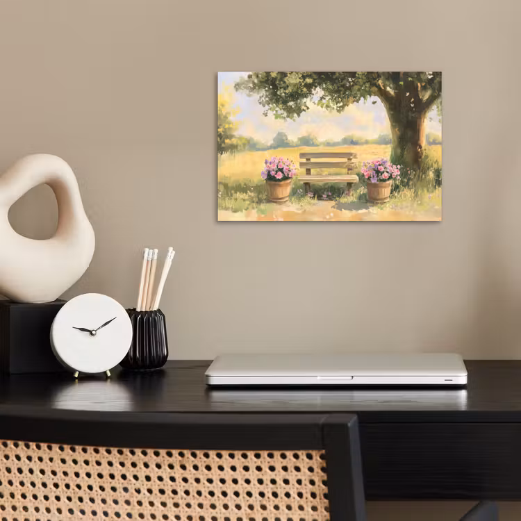 Poster – Houten bankje - Bloempotten - Landschap — 2