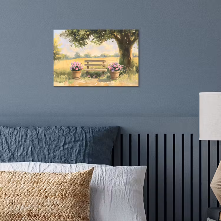 Poster – Houten bankje - Bloempotten - Landschap — 3