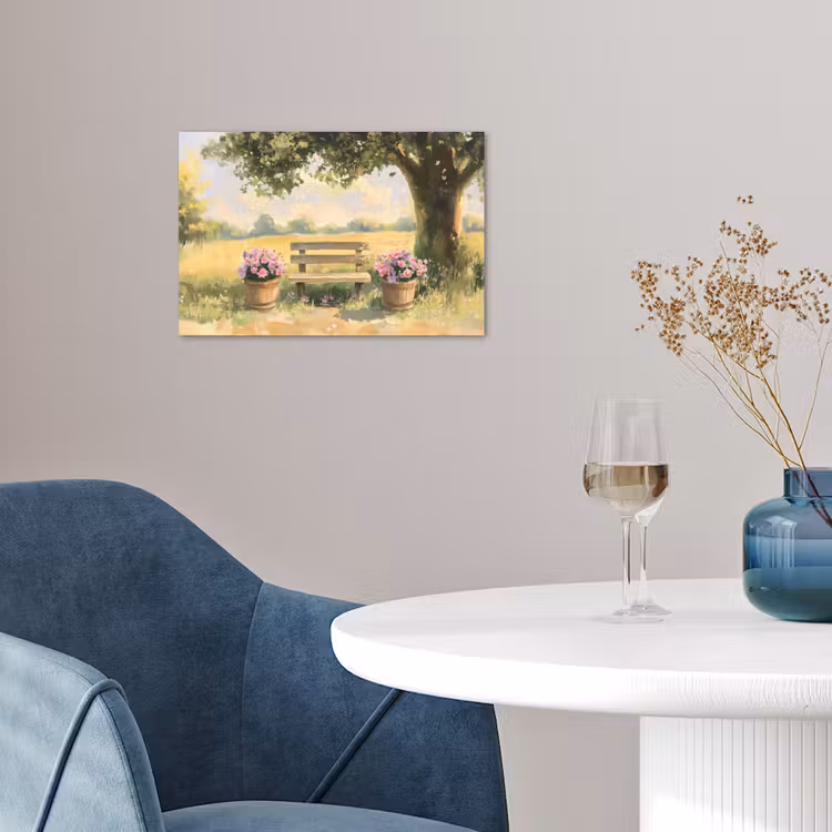 Poster – Houten bankje - Bloempotten - Landschap — 4