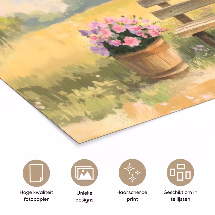 Poster – Houten bankje - Bloempotten - Landschap — 5