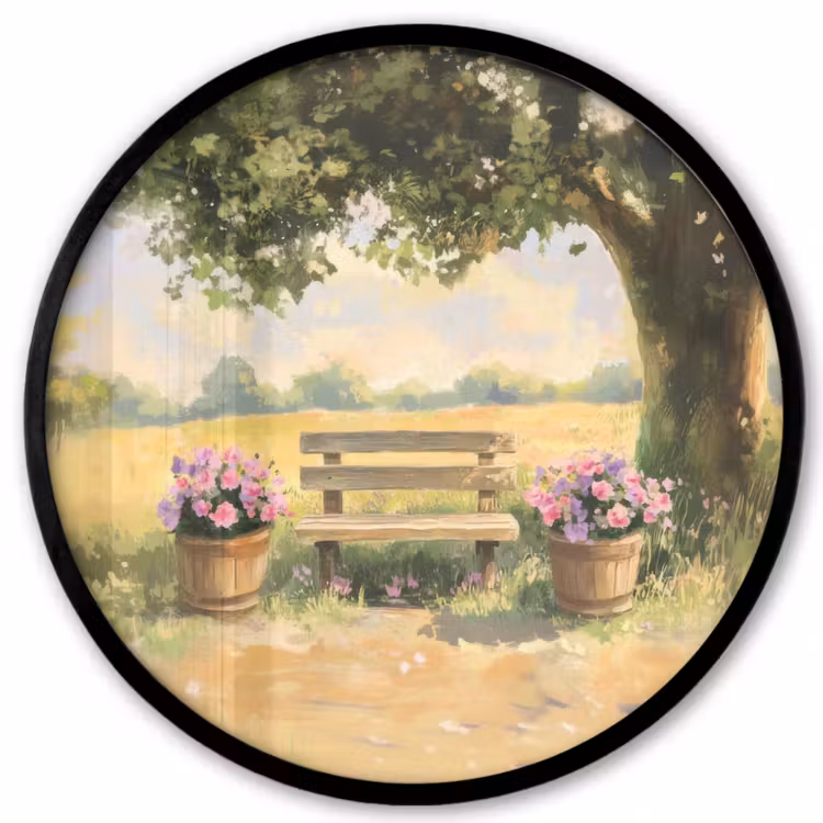 Ronde fotolijst - Houten bankje - Bloempotten - Landschap — 1