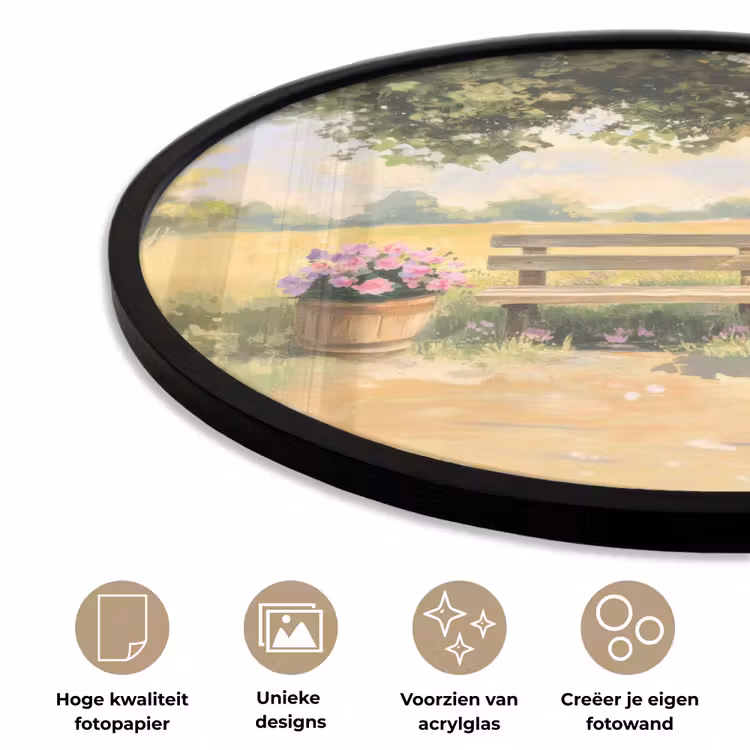 Ronde fotolijst - Houten bankje - Bloempotten - Landschap — 2