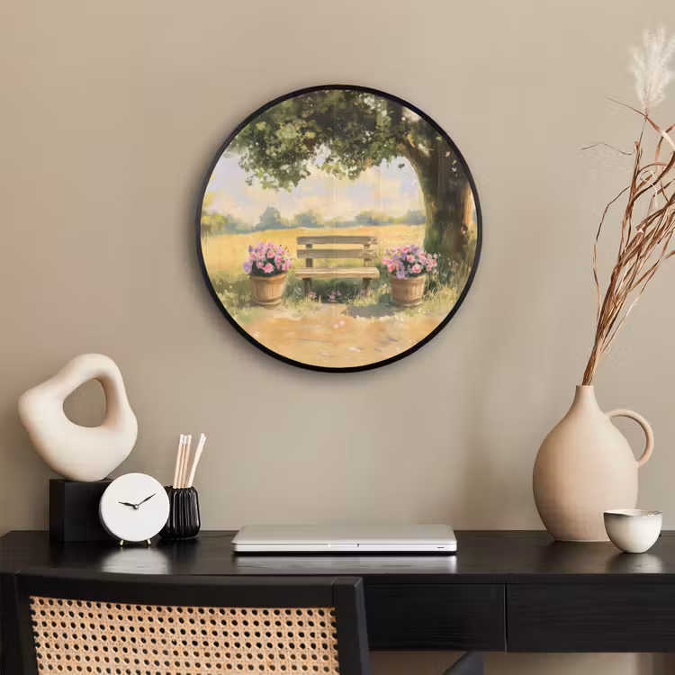 Ronde fotolijst - Houten bankje - Bloempotten - Landschap — 3