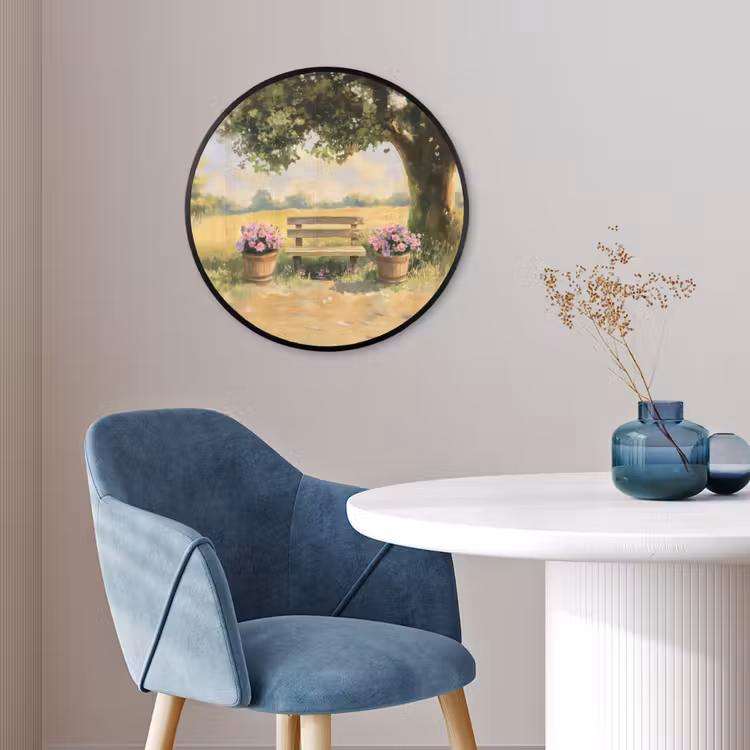 Ronde fotolijst - Houten bankje - Bloempotten - Landschap — 4