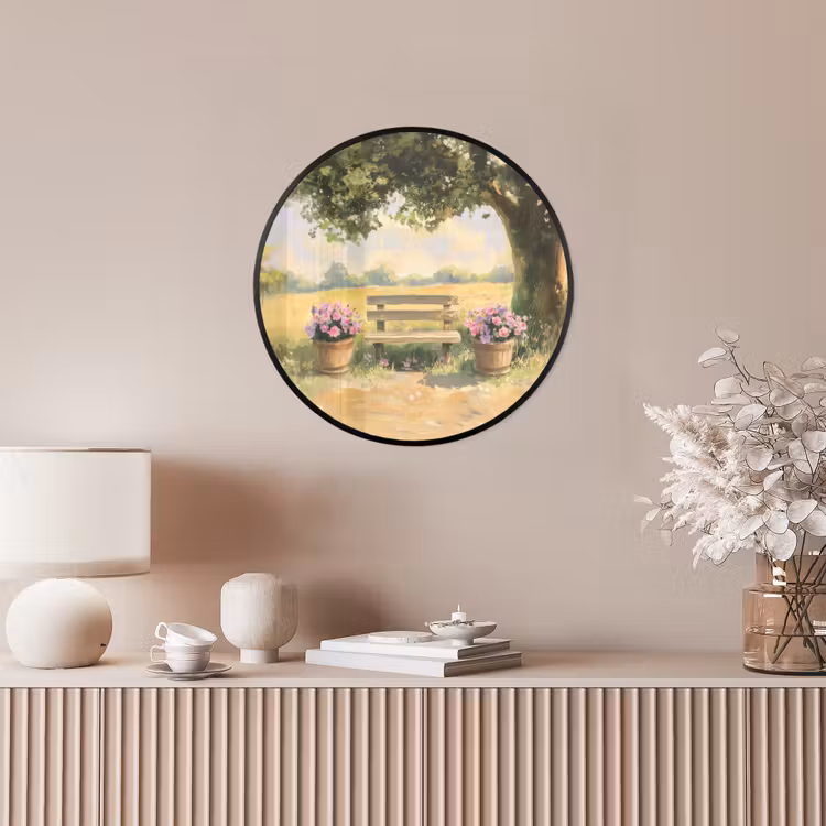 Ronde fotolijst - Houten bankje - Bloempotten - Landschap — 5