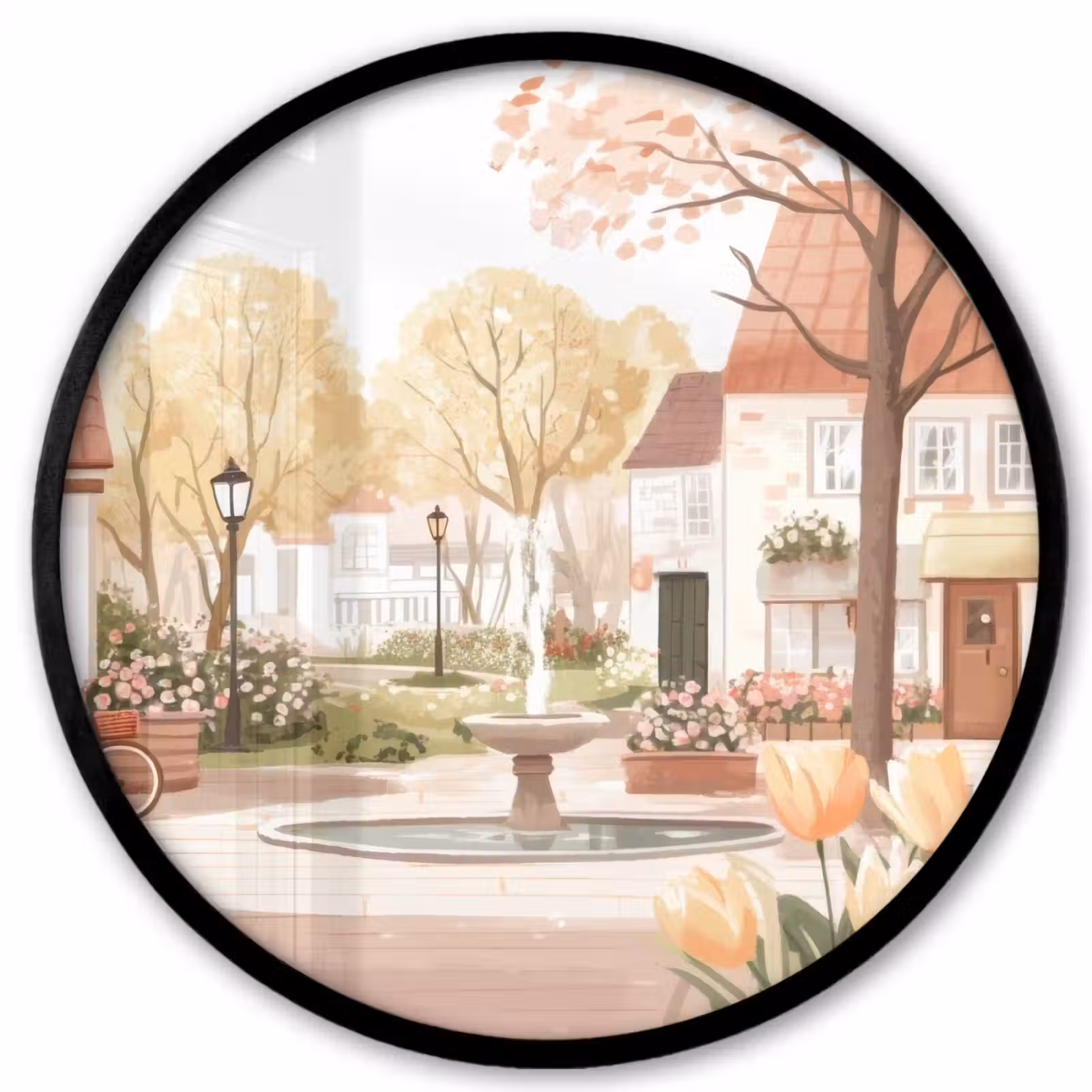 Ronde fotolijst - Dorpsplein - Fontein - Tulpen — 1