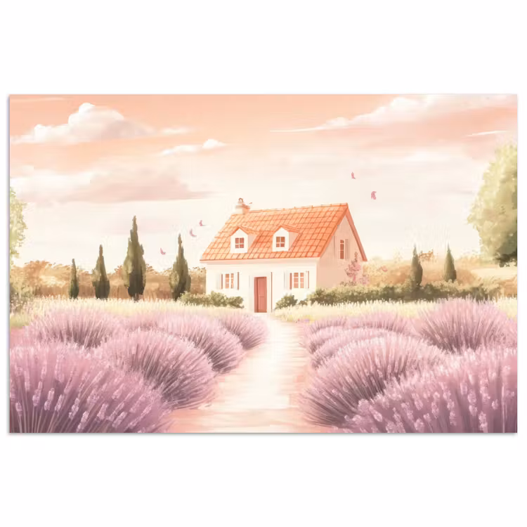 Poster – Lavendelveld - Huis - Paars — 1