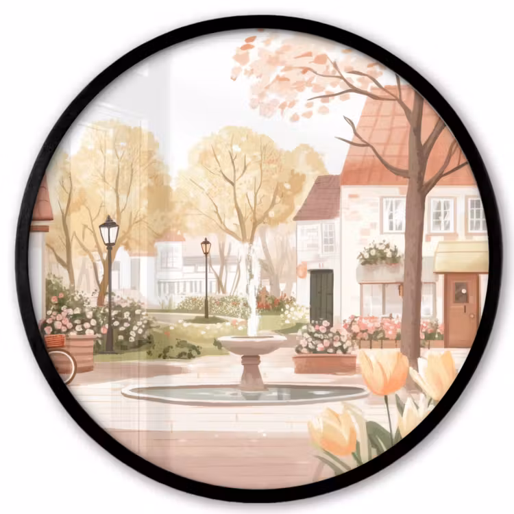 Ronde fotolijst - Dorpsplein - Fontein - Tulpen — 1