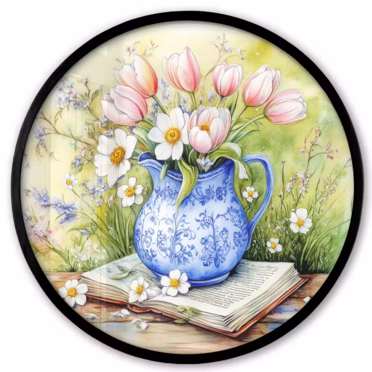 Ronde fotolijst - Vaas - Delftsblauw - Madeliefjes — 1
