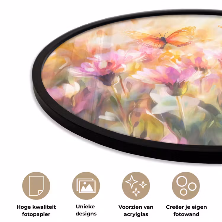 Ronde fotolijst - Vlinders - Oranje - Bloemen — 2