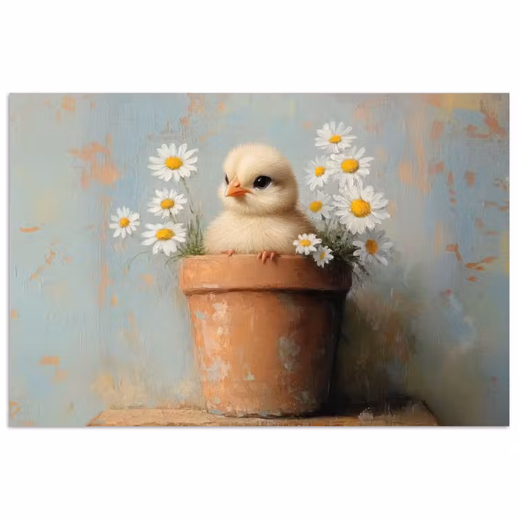 Poster – Bloempot - Kuiken - Bloemetjes — 1