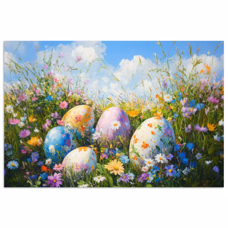 Poster – Grasveld - Eieren - Bloemen — 1