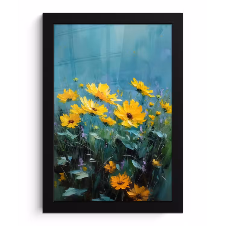 Poster met lijst - Penseelstreken - Bloemen - Felgeel - Abstract — 1