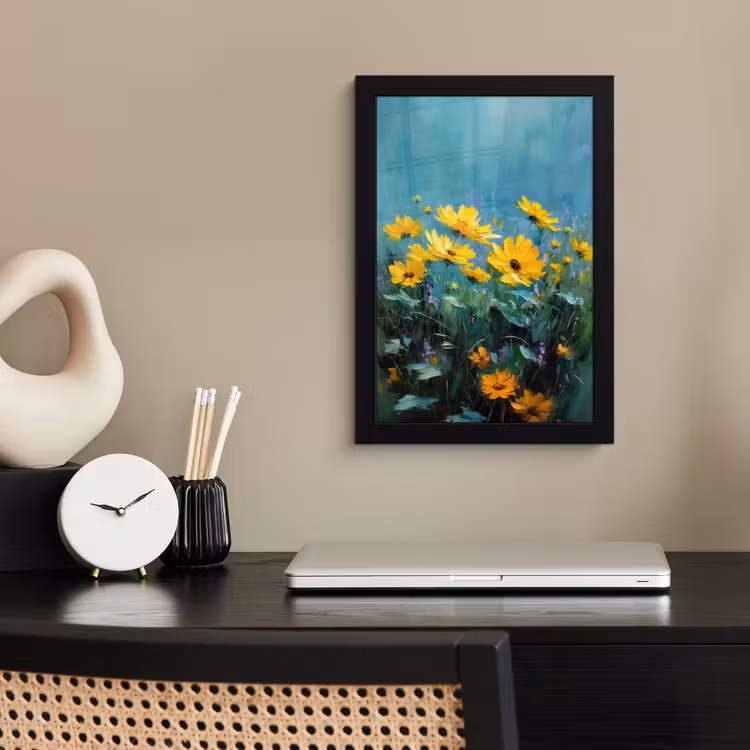 Poster met lijst - Penseelstreken - Bloemen - Felgeel - Abstract — 2