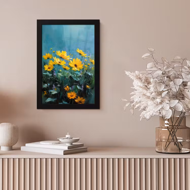 Poster met lijst - Penseelstreken - Bloemen - Felgeel - Abstract — 5