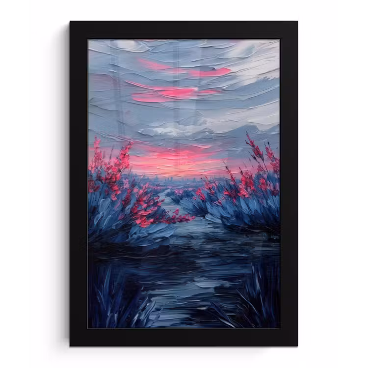 Poster met lijst - Schilderij - Zonsondergang - Bloemen - Rivier — 1