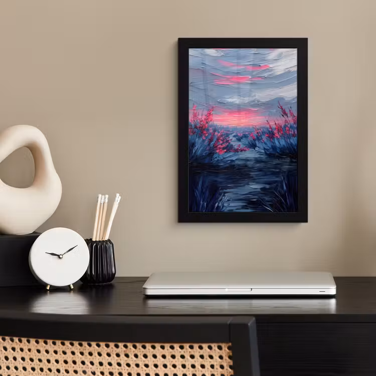 Poster met lijst - Schilderij - Zonsondergang - Bloemen - Rivier — 2