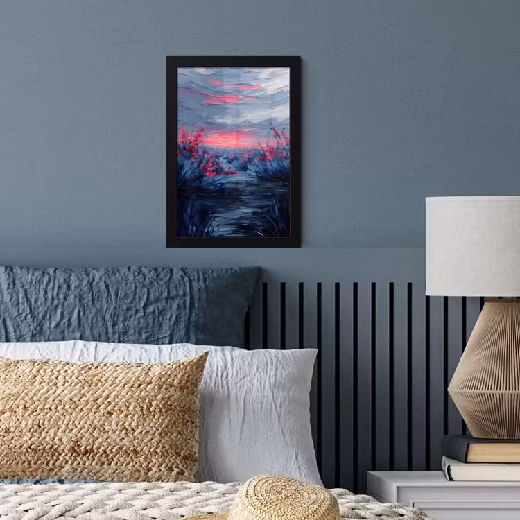 Poster met lijst - Schilderij - Zonsondergang - Bloemen - Rivier — 3