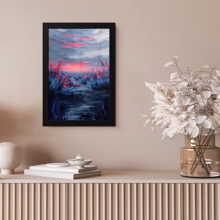Poster met lijst - Schilderij - Zonsondergang - Bloemen - Rivier — 5