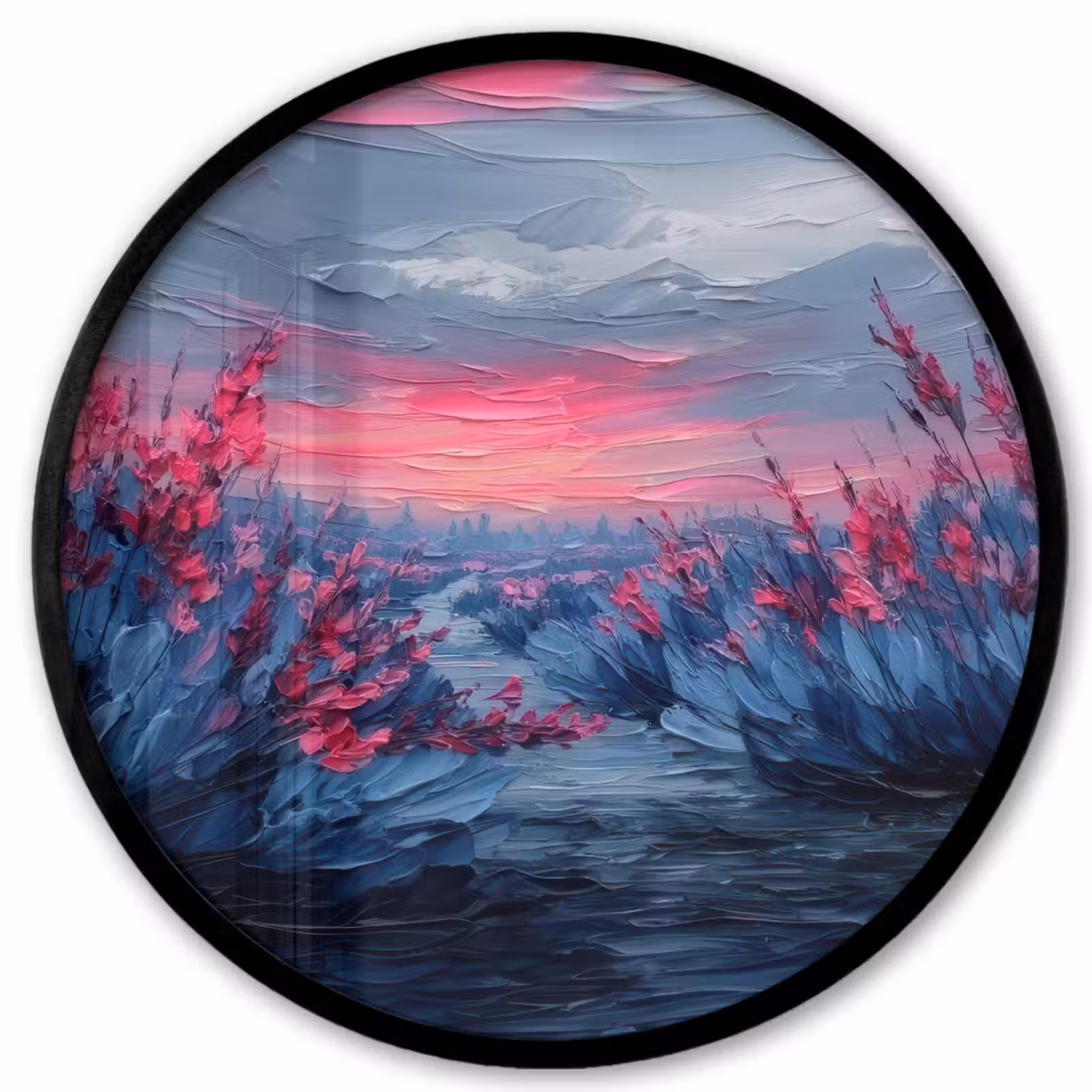 Ronde fotolijst - Schilderij - Zonsondergang - Bloemen - Rivier — 1