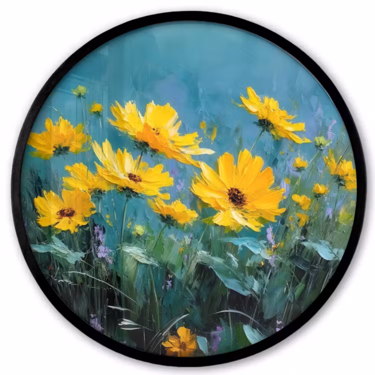 Ronde fotolijst - Penseelstreken - Bloemen - Felgeel - Abstract — 1