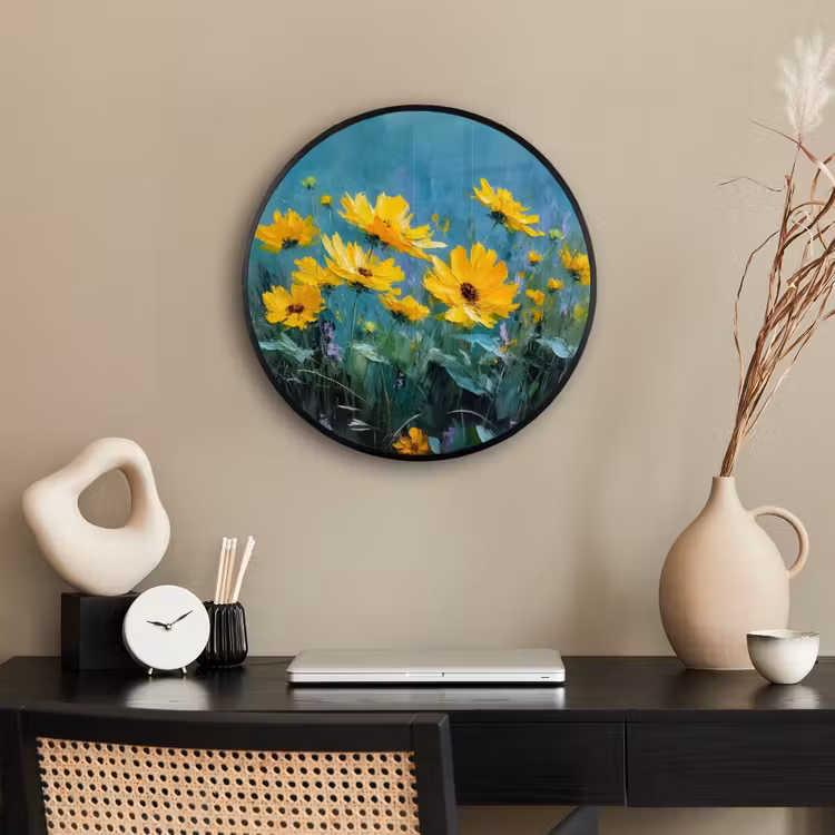 Ronde fotolijst - Penseelstreken - Bloemen - Felgeel - Abstract — 3