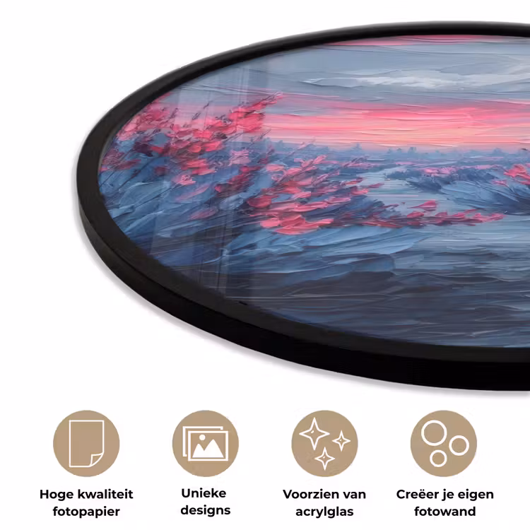 Ronde fotolijst - Schilderij - Zonsondergang - Bloemen - Rivier — 2