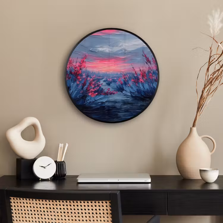 Ronde fotolijst - Schilderij - Zonsondergang - Bloemen - Rivier — 3