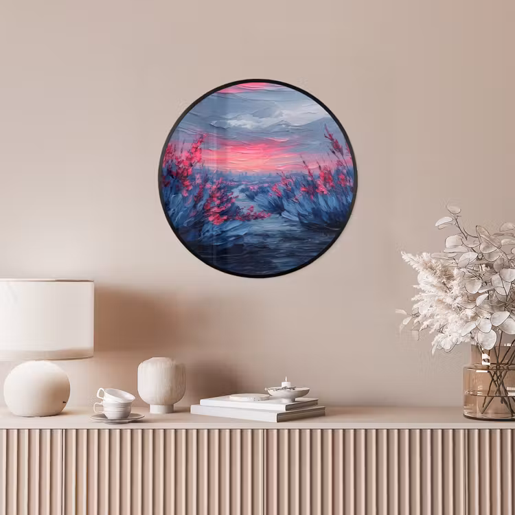Ronde fotolijst - Schilderij - Zonsondergang - Bloemen - Rivier — 5