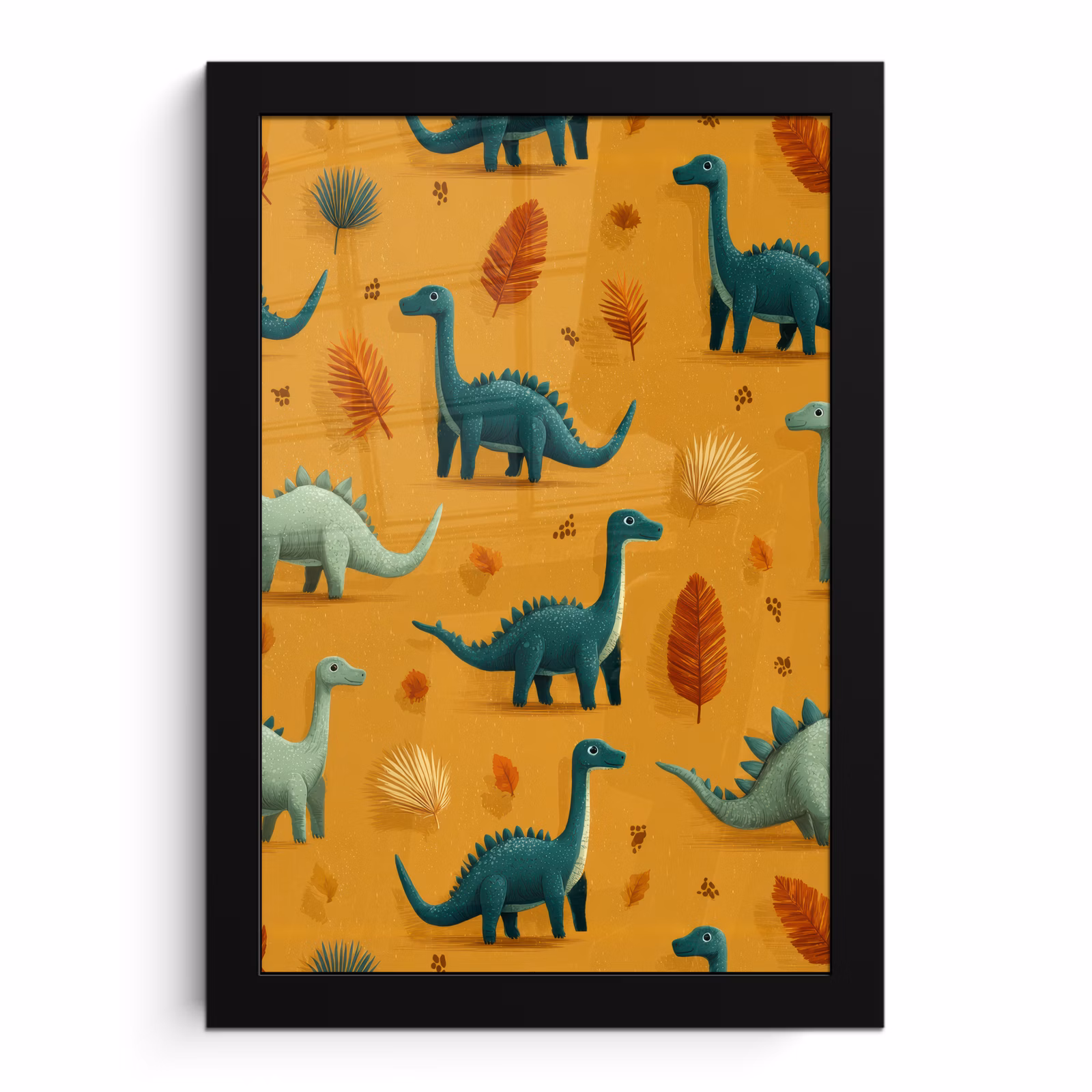 Poster met lijst - Dinosaurussen Patroon Bladeren Oker — 1