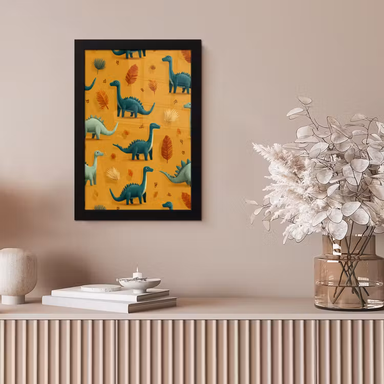 Poster met lijst - Dinosaurussen Patroon Bladeren Oker — 5